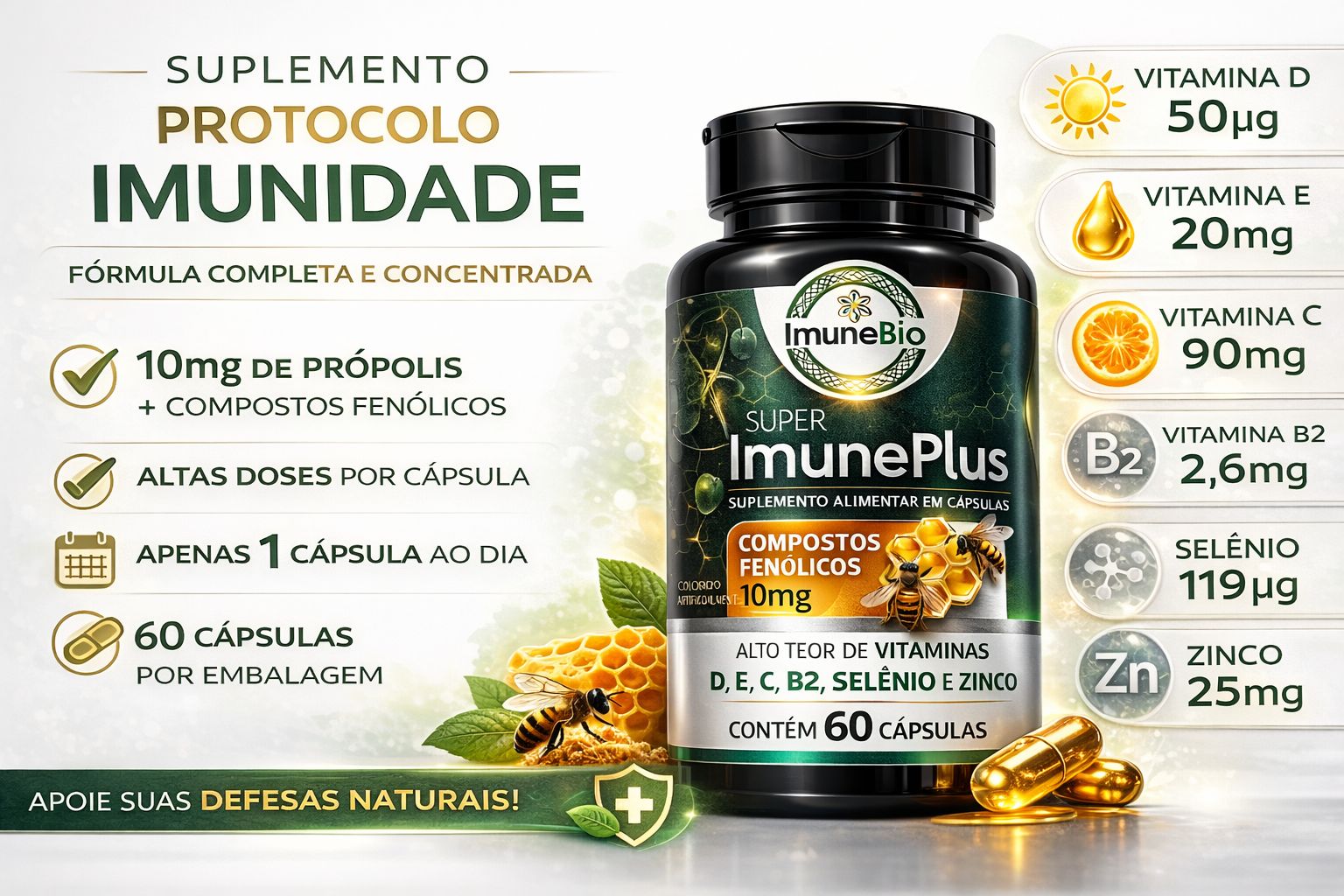 Suplemento Super Imune Plus 490 mg - 10 mg de Própolis + Vitaminas e Minerais Es